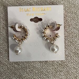 Isaac Mizrahi Gold and White Pearl Hoop Drop Earrings